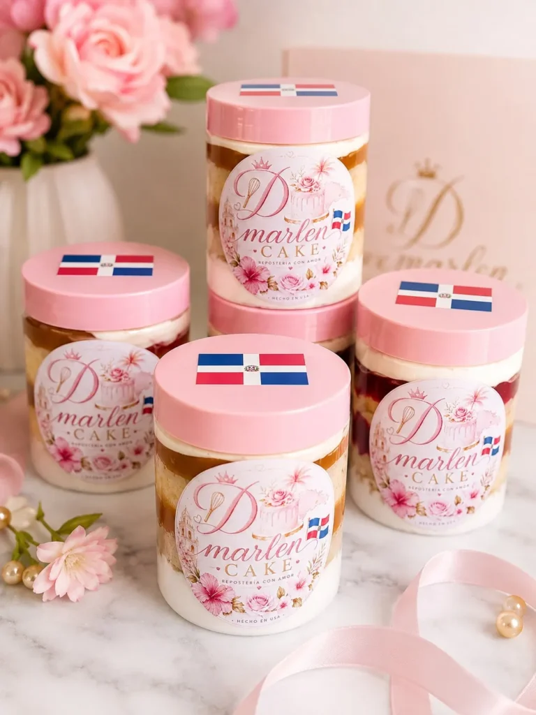 D'Marlen Cake bizcocho jars with Dominican flag lids