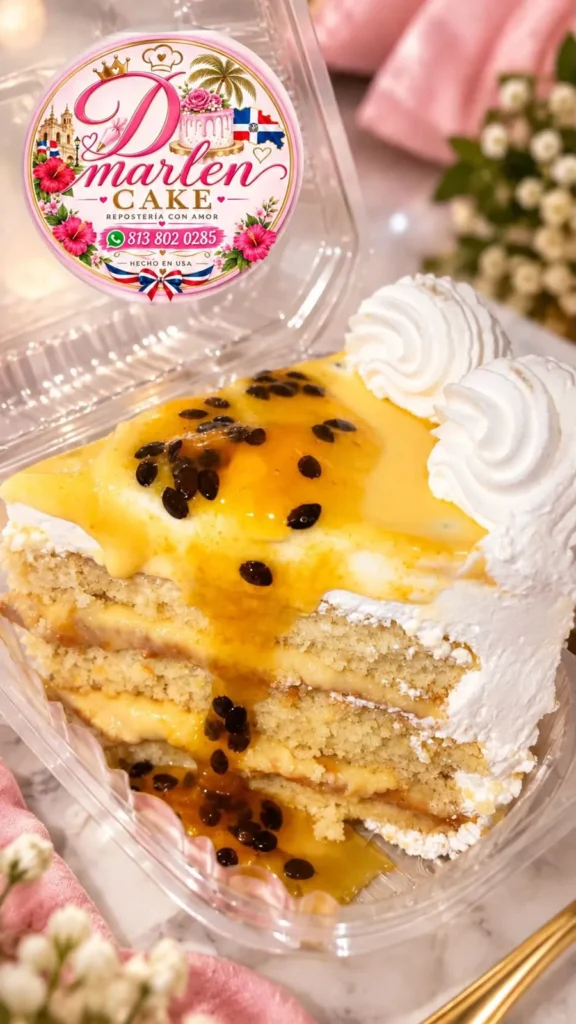 Slice of Dominican cake with passion fruit filling in a to-go box