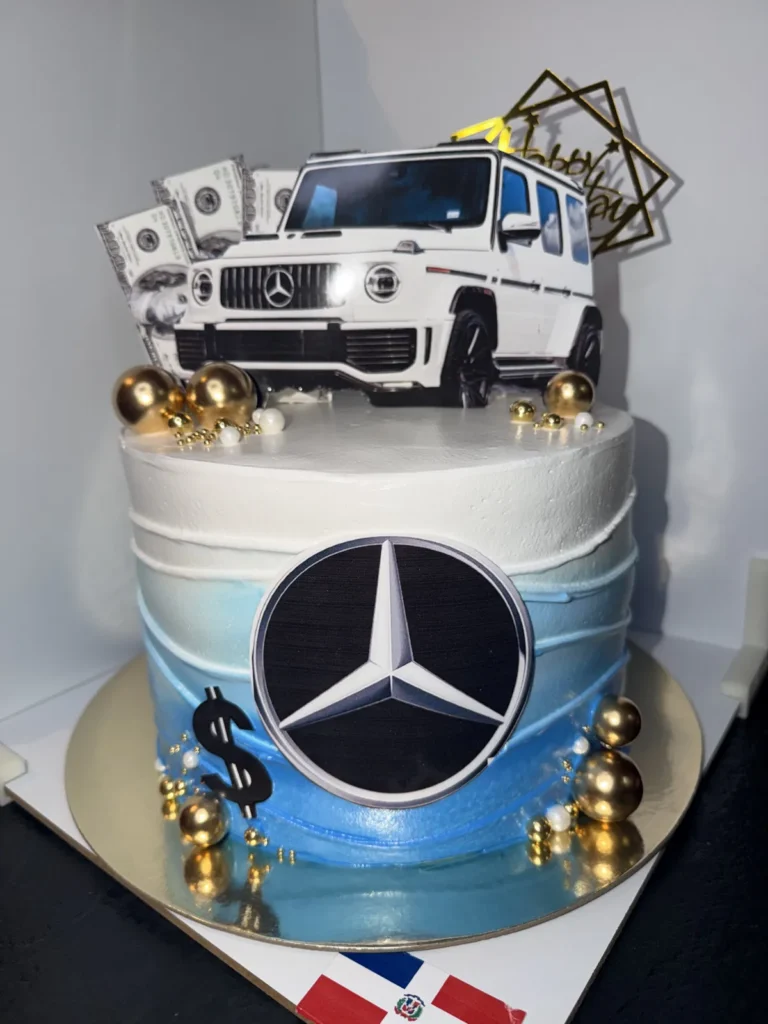 Blue and white luxury car themed cake